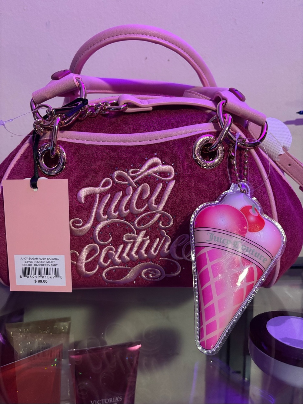 Juicy Couture Raspberry Pink Velvet Satchel with Ice Cream Charm
